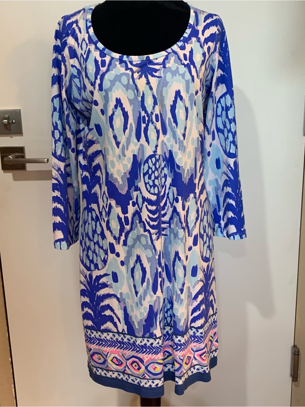 Lilly Pulitzer Beacon Dress Tropic Call Me Blue/Pink Long Sleeve Shift Dress MED